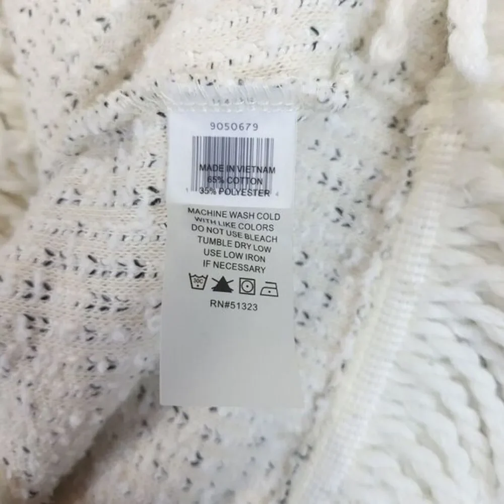 Vince Camuto Fringe‎ Trim Textured Sweater Women XS V Neck White Black Cozy Knit